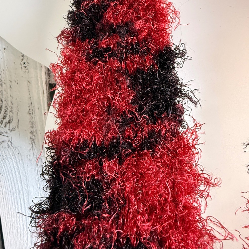 Handmade Crochet Woven Red Black Pink Fuzzy Knit Fringe Scarf One of a Kind Boho - Picture 9 of 10